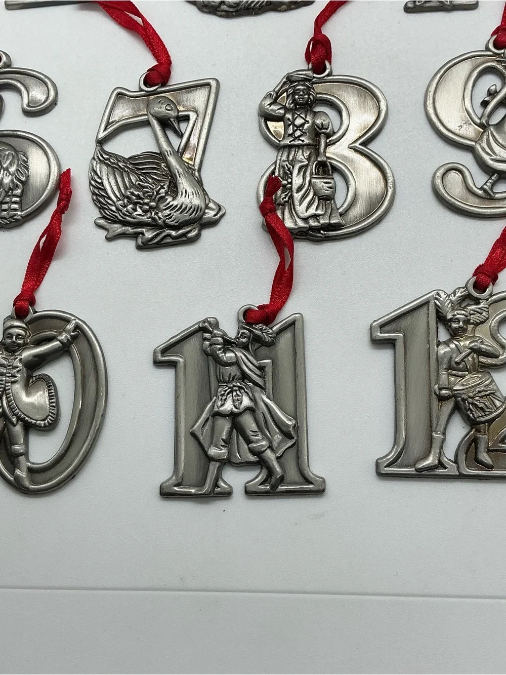 Set of 12 Days of Christmas Metal Pewter Number Hanging Ornaments Silver Color